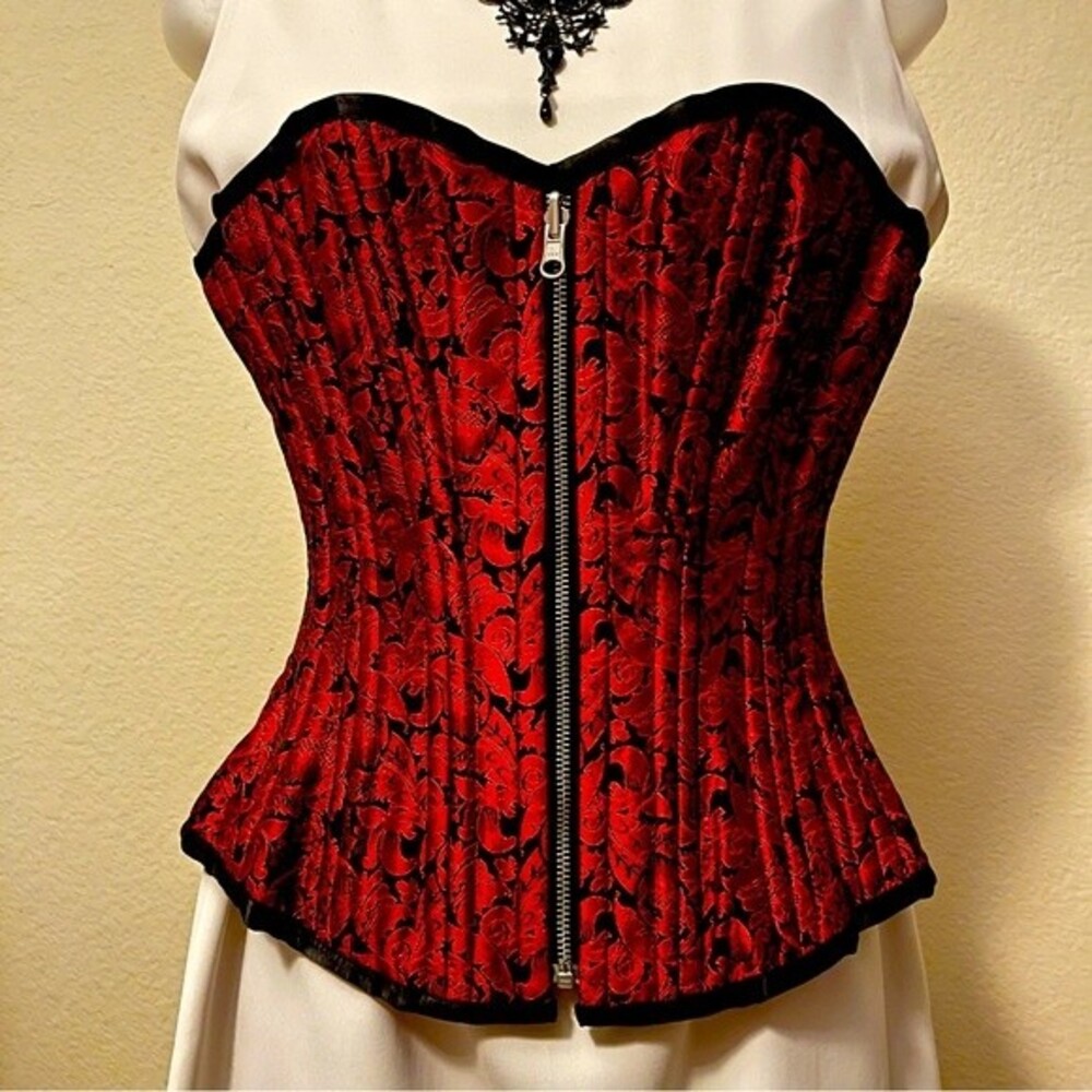 2/$150 Reversible Red Black Brocade Corset Steampunk Zipper Overbust Top NWOT